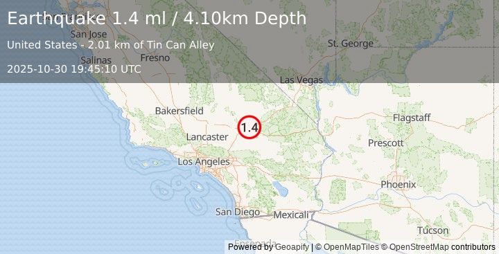 Earthquake 22 km ENE of Barstow, CA (1.4 ml) (2025-10-30 19:45:10 UTC)