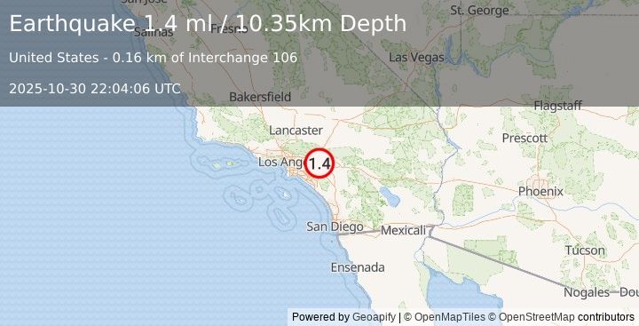 Earthquake 4 km NW of Mira Loma, CA (1.4 ml) (2025-10-30 22:04:06 UTC)
