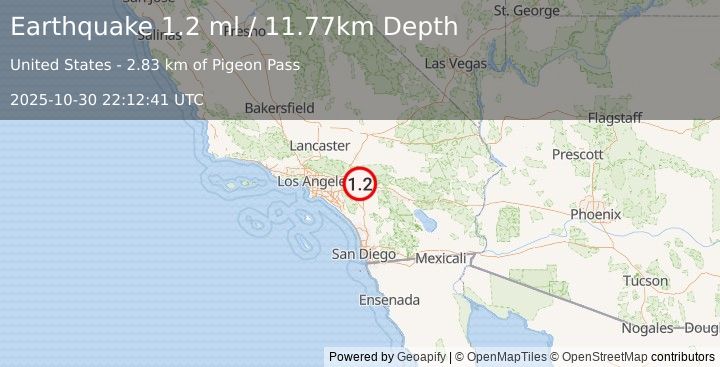Earthquake 5 km S of Loma Linda, CA (1.2 ml) (2025-10-30 22:12:40 UTC)