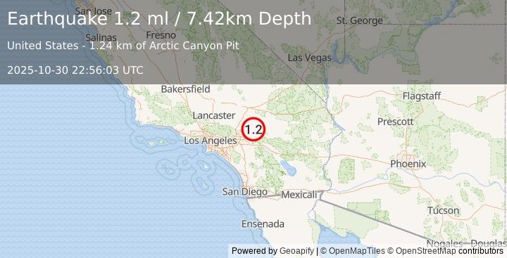 Earthquake 10 km NNW of Big Bear City, CA (1.2 ml) (2025-10-30 22:56:03 UTC)