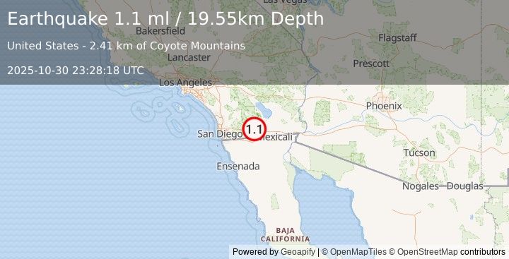 Earthquake 24 km SSW of Ocotillo Wells, CA (0.6 ml) (2025-10-30 23:28:21 UTC)