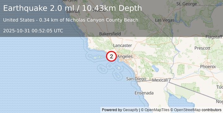 Earthquake 10 km WNW of Malibu, CA (2.0 ml) (2025-10-31 00:52:05 UTC)