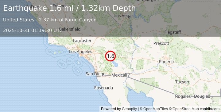 Earthquake 12 km ENE of Indio, CA (1.6 ml) (2025-10-31 01:19:30 UTC)