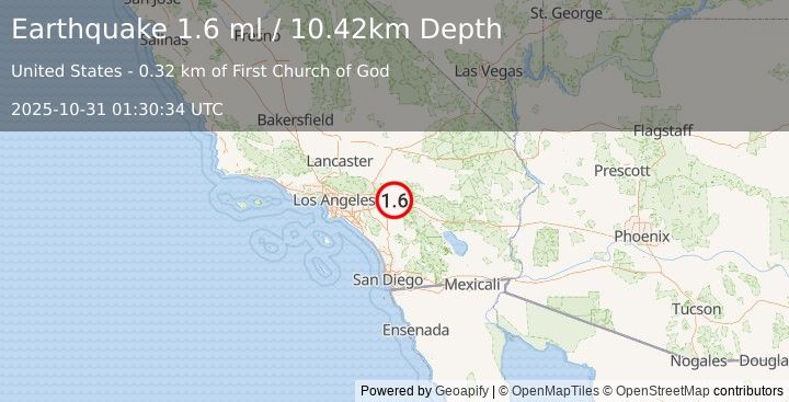 Earthquake 1 km ESE of Yucaipa, CA (1.6 ml) (2025-10-31 01:30:34 UTC)