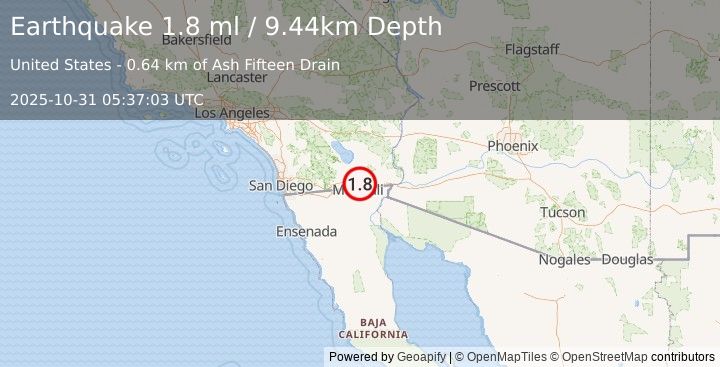 Earthquake 8 km SSW of Holtville, CA (1.8 ml) (2025-10-31 05:37:03 UTC)