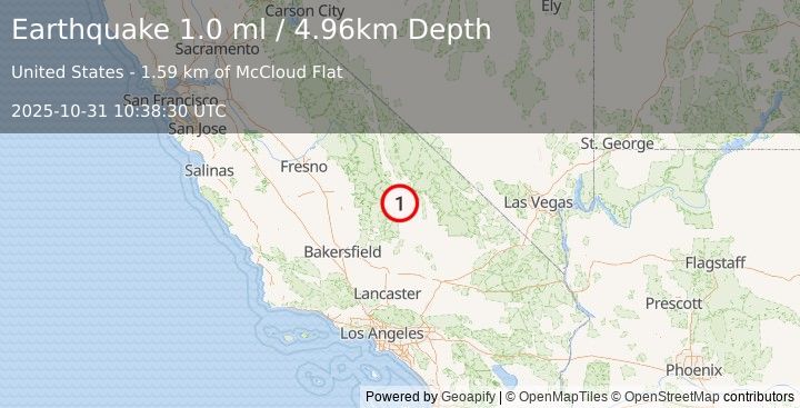 Earthquake 12 km NNE of Coso Junction, CA (1.0 ml) (2025-10-31 10:38:30 UTC)