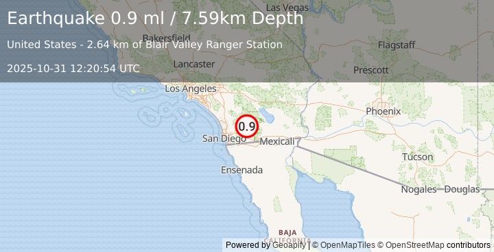 Earthquake 16 km ESE of Julian, CA (0.9 ml) (2025-10-31 12:20:54 UTC)