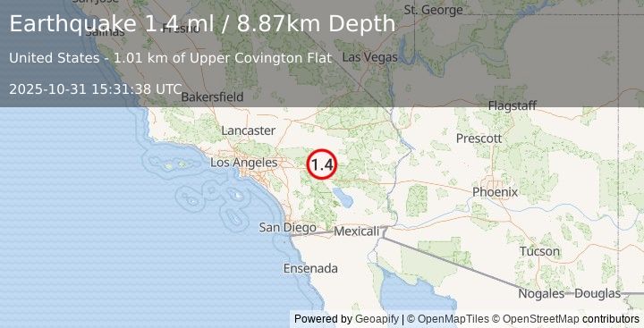 Earthquake 14 km S of Joshua Tree, CA (1.4 ml) (2025-10-31 15:31:38 UTC)