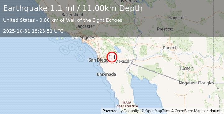 Earthquake 27 km NW of Ocotillo, CA (1.1 ml) (2025-10-31 18:23:51 UTC)