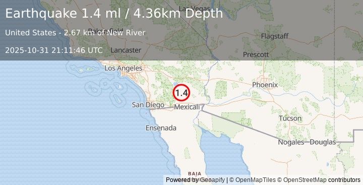 Earthquake 16 km NNW of Westmorland, CA (1.4 ml) (2025-10-31 21:11:46 UTC)