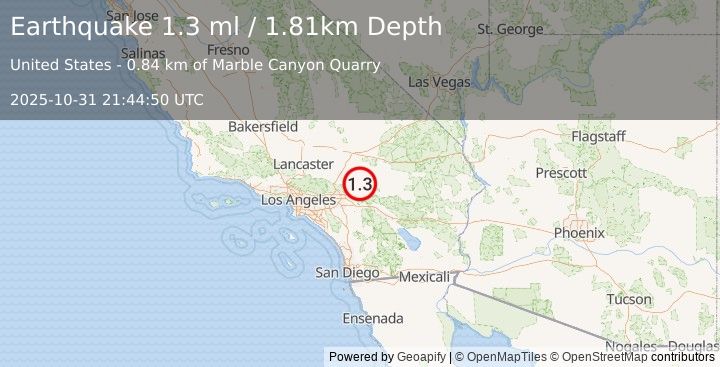 Earthquake 10 km NNW of Big Bear City, CA (1.3 ml) (2025-10-31 21:44:50 UTC)