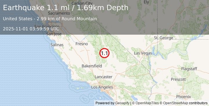 Earthquake 14 km SSW of Olancha, CA (1.1 ml) (2025-11-01 03:59:59 UTC)
