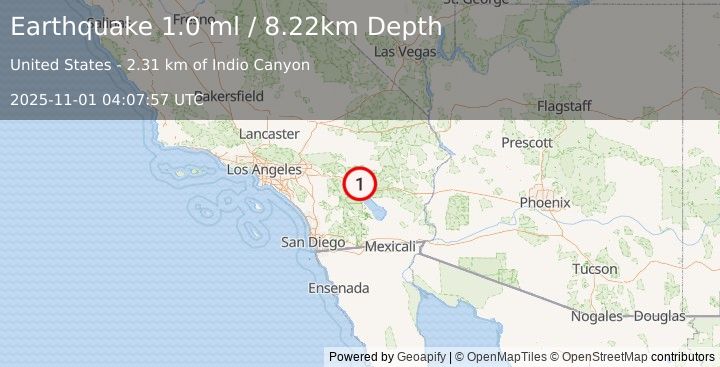 Earthquake 11 km NE of Indio, CA (1.0 ml) (2025-11-01 04:07:57 UTC)