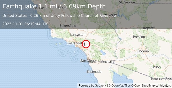 Earthquake 5 km ESE of Rubidoux, CA (1.1 ml) (2025-11-01 06:19:44 UTC)