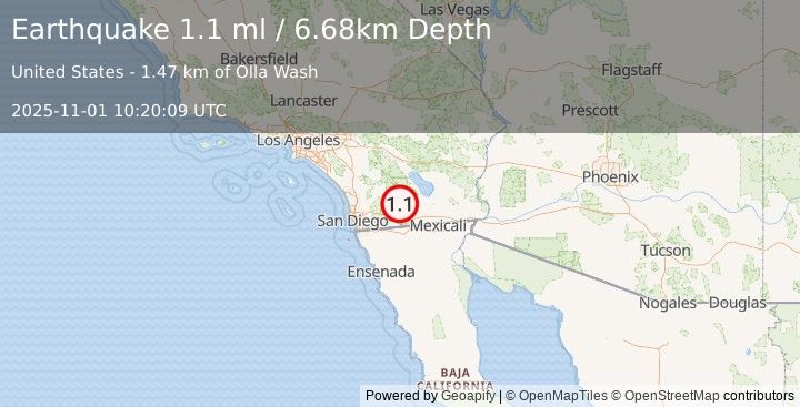 Earthquake 18 km SSW of Ocotillo Wells, CA (1.1 ml) (2025-11-01 10:20:09 UTC)