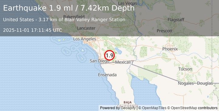 Earthquake 15 km ESE of Julian, CA (1.9 ml) (2025-11-01 17:11:45 UTC)