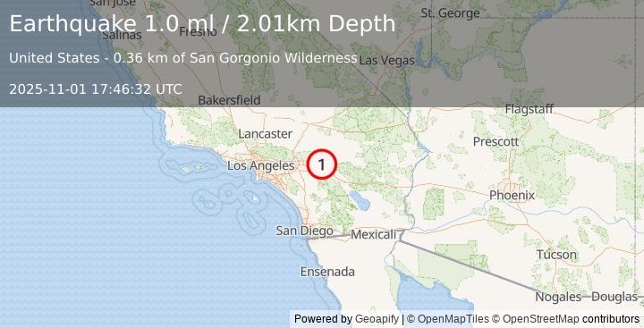 Earthquake 15 km WNW of Morongo Valley, CA (1.0 ml) (2025-11-01 17:46:32 UTC)