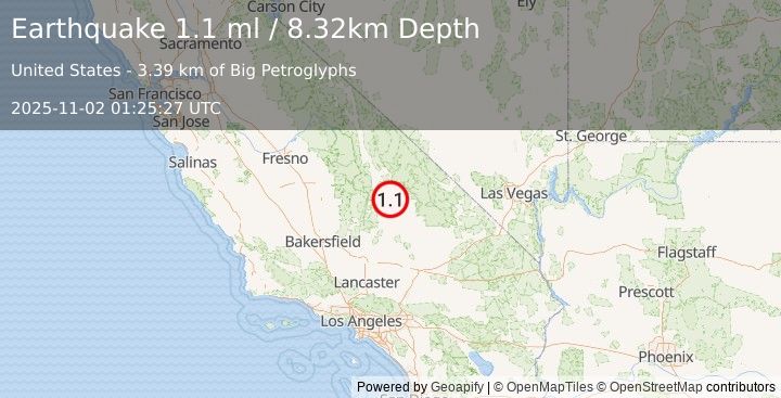 Earthquake 27 km E of Coso Junction, CA (1.1 ml) (2025-11-02 01:25:27 UTC)