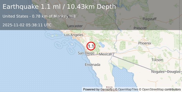 Earthquake 2 km ESE of Lake Henshaw, CA (0.8 ml) (2025-11-02 05:38:10 UTC)