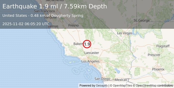 Earthquake 26 km NNW of Tehachapi, CA (1.9 ml) (2025-11-02 06:05:20 UTC)