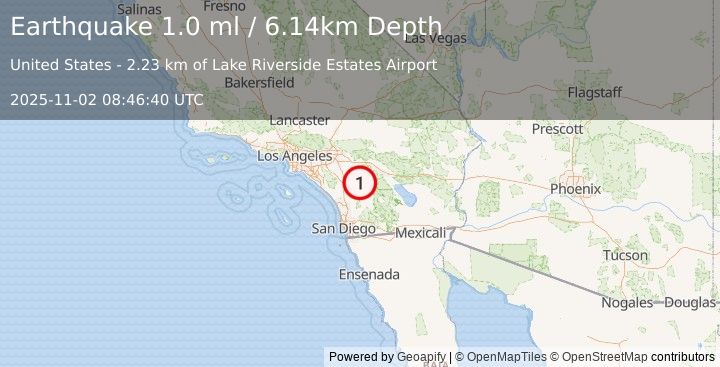 Earthquake 12 km NNE of Aguanga, CA (1.0 ml) (2025-11-02 08:46:40 UTC)