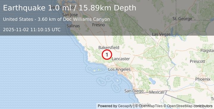 Earthquake 12 km N of Pine Mountain Club, CA (1.0 ml) (2025-11-02 11:10:15 UTC)