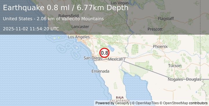 Earthquake 20 km SW of Ocotillo Wells, CA (0.8 ml) (2025-11-02 11:54:20 UTC)