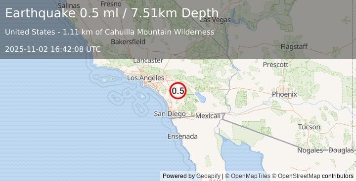 Earthquake 12 km WNW of Anza, CA (0.5 ml) (2025-11-02 16:42:08 UTC)