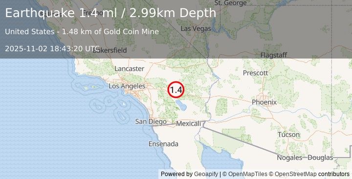 Earthquake 25 km S of Twentynine Palms, CA (1.4 ml) (2025-11-02 18:43:20 UTC)
