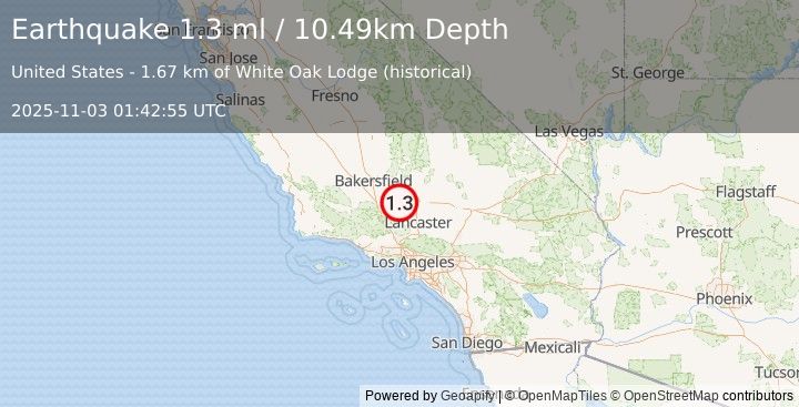 Earthquake 16 km SSW of Tehachapi, CA (1.3 ml) (2025-11-03 01:42:55 UTC)