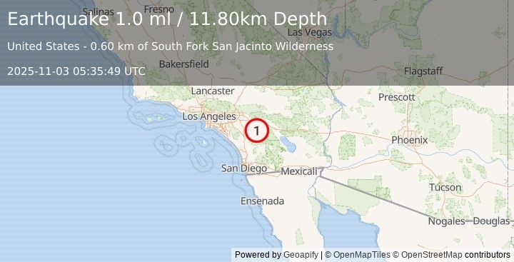 Earthquake 9 km SSW of Idyllwild, CA (1.0 ml) (2025-11-03 05:35:49 UTC)