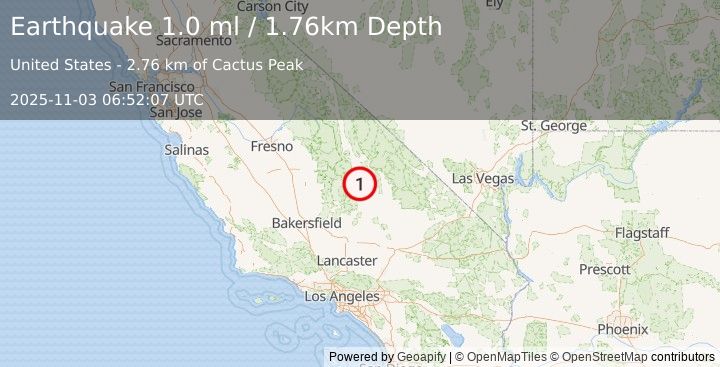 Earthquake 10 km ENE of Coso Junction, CA (1.0 ml) (2025-11-03 06:52:07 UTC)