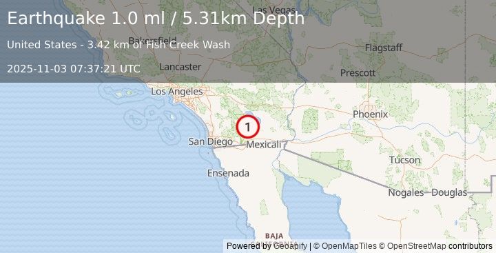 Earthquake 15 km ESE of Ocotillo Wells, CA (1.0 ml) (2025-11-03 07:37:21 UTC)
