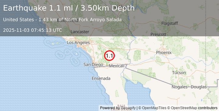 Earthquake 6 km SW of Salton City, CA (1.1 ml) (2025-11-03 07:45:13 UTC)