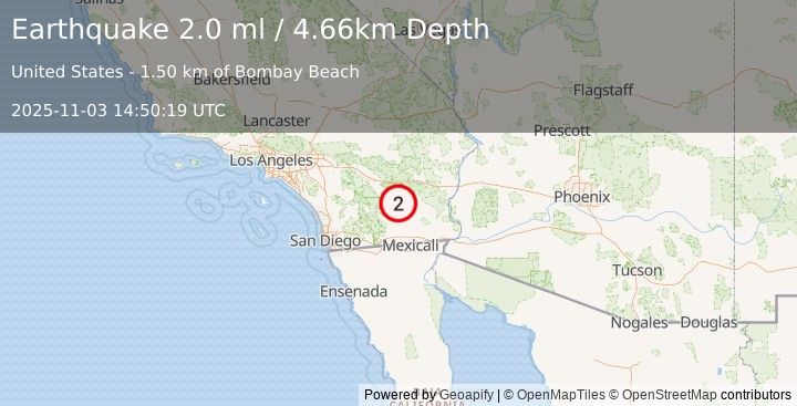 Earthquake 2 km SE of Bombay Beach, CA (2.0 ml) (2025-11-03 14:50:19 UTC)