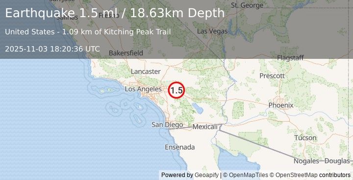 Earthquake 10 km NNE of Cabazon, CA (1.5 ml) (2025-11-03 18:20:36 UTC)