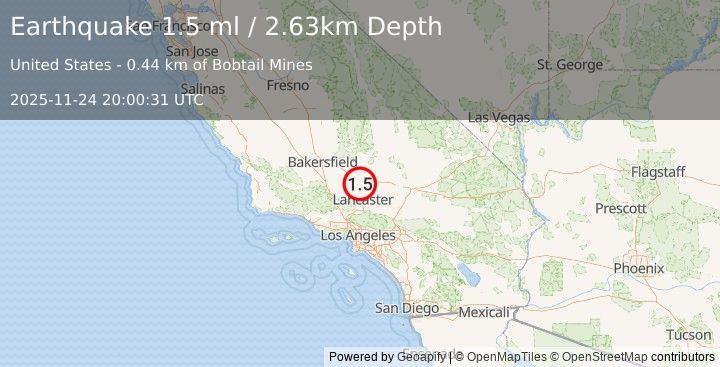 Earthquake 8 km SSW of Mojave, CA (1.5 ml) (2025-11-24 20:00:31 UTC)