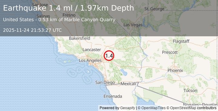 Earthquake 9 km NNW of Big Bear City, CA (1.4 ml) (2025-11-24 21:53:27 UTC)