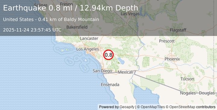Earthquake 6 km S of Idyllwild, CA (0.8 ml) (2025-11-24 23:57:45 UTC)