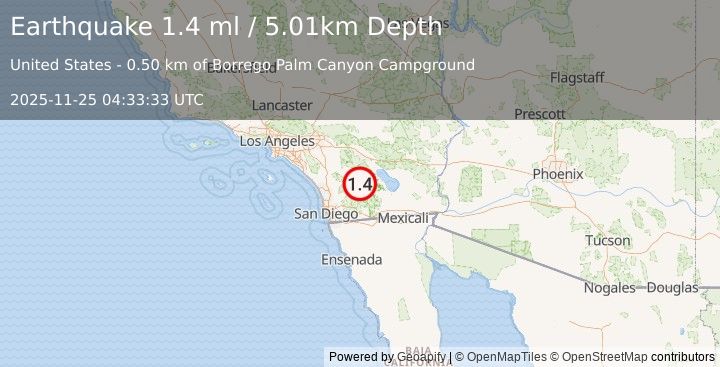 Earthquake 4 km WNW of Borrego Springs, CA (1.4 ml) (2025-11-25 04:33:33 UTC)