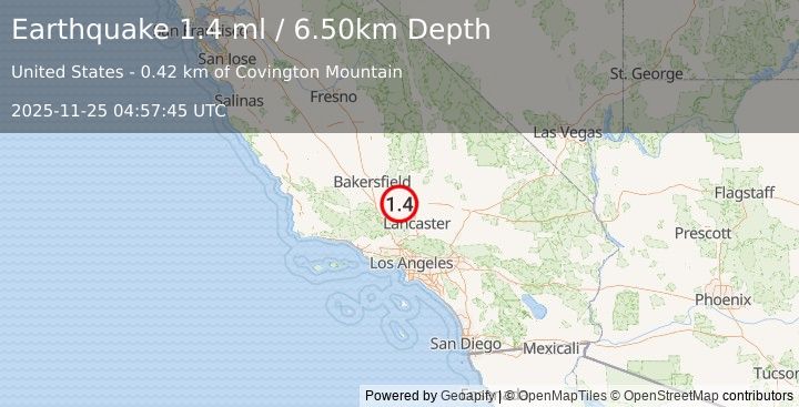 Earthquake 13 km S of Tehachapi, CA (1.4 ml) (2025-11-25 04:57:45 UTC)