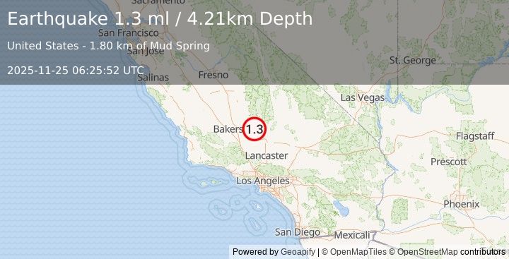 Earthquake 25 km NNW of Tehachapi, CA (1.3 ml) (2025-11-25 06:25:52 UTC)