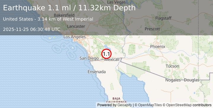 Earthquake 24 km WSW of Westmorland, CA (1.1 ml) (2025-11-25 06:30:48 UTC)