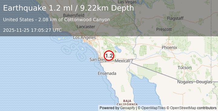 Earthquake 16 km NNE of Pine Valley, CA (1.2 ml) (2025-11-25 17:05:27 UTC)