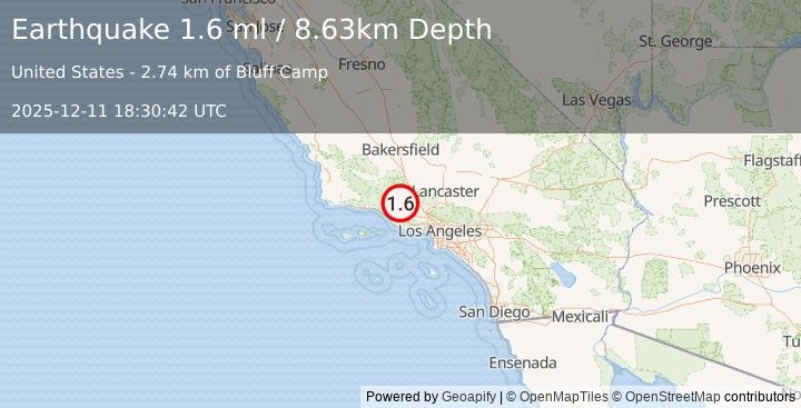 Earthquake 13 km NW of Fillmore, CA (1.6 ml) (2025-12-11 18:30:42 UTC)