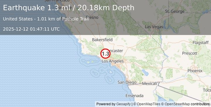 Earthquake 11 km N of Piru, CA (1.3 ml) (2025-12-12 01:47:11 UTC)