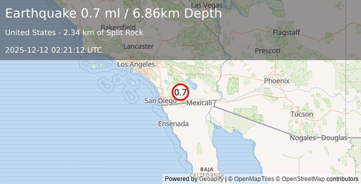 Earthquake 19 km SW of Ocotillo Wells, CA (0.7 ml) (2025-12-12 02:21:12 UTC)