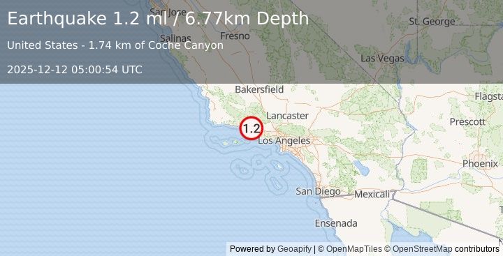 Earthquake 9 km SSW of Ojai, CA (1.2 ml) (2025-12-12 05:00:54 UTC)