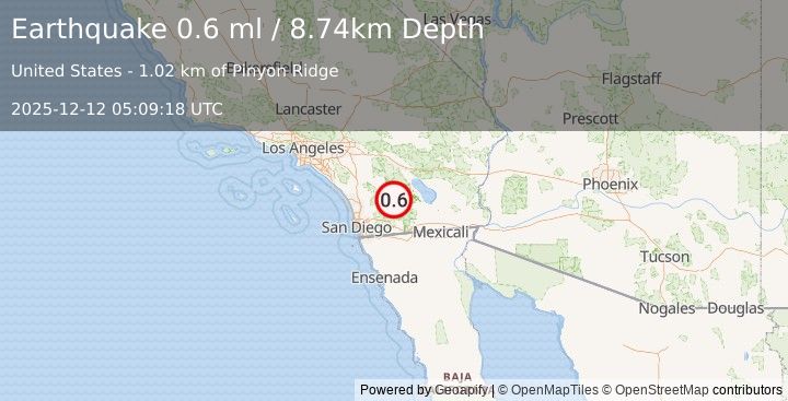 Earthquake 11 km SSW of Borrego Springs, CA (0.6 ml) (2025-12-12 05:09:18 UTC)