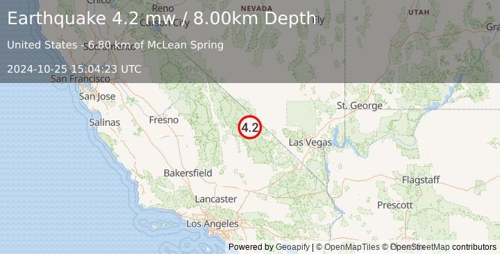 Earthquake 21 km WNW of Furnace Creek, California (4.2 mw) (2024-10-25 15:04:23 UTC)